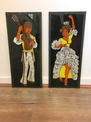 Kitsch Flamenco Dancer Pictures Foil Backed Glass Painting Vintage Mid Century Ebay