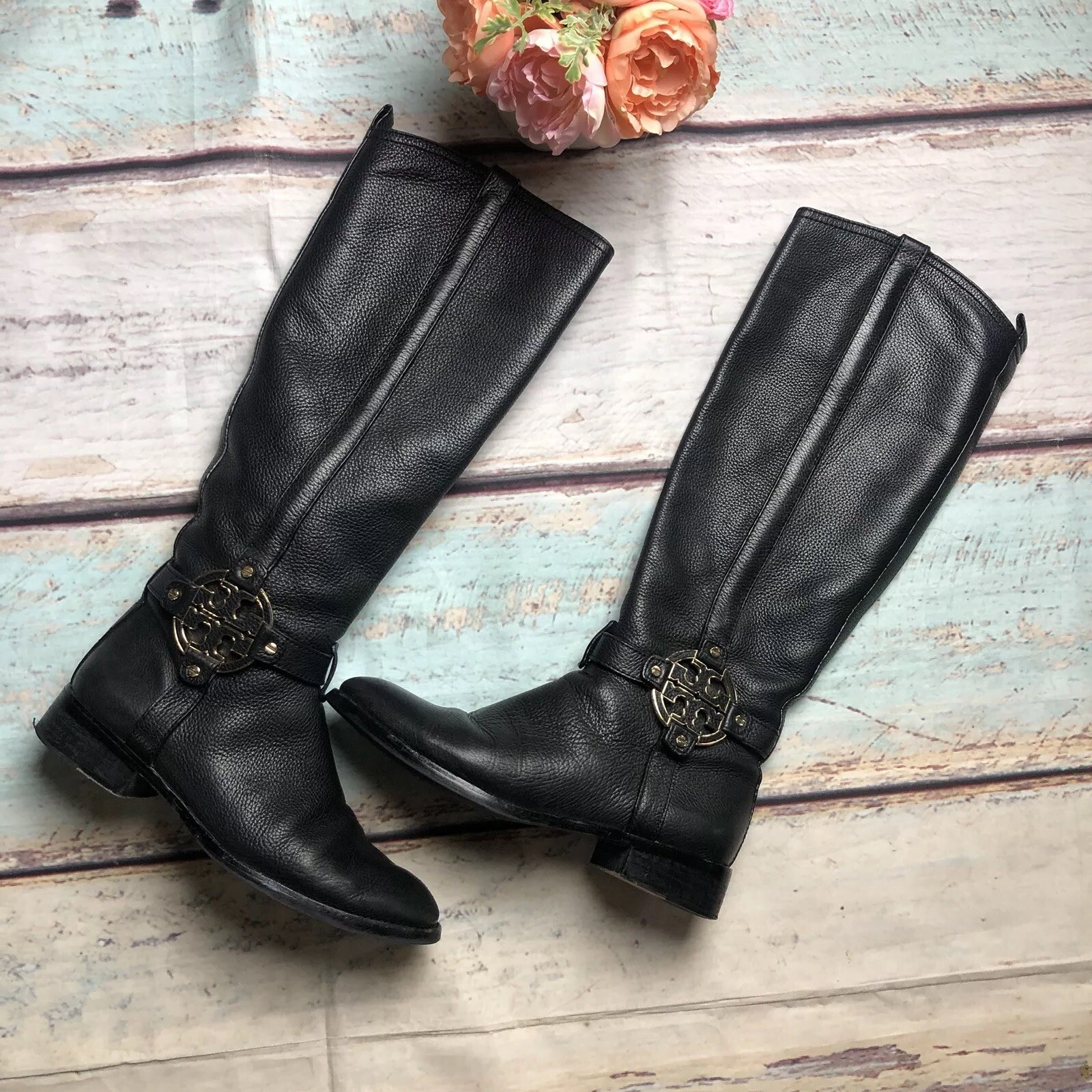 Amanda de Tory Burch Talla 8 Negro caído Valencia Cuero botas De Montar logotipo Dorado T Amanda de de Amanda Tory Burch Talla 8 Negro caído Valencia Cuero botas De Montar logotipo Dorado T 9b68af