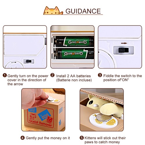 Cute Stealing Coin Money Yellow Cat Bank Saving Box Kid Xmas Gift Easy Use NEW - Picture 4 of 12