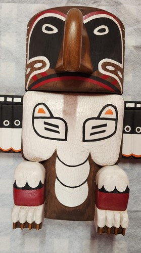 Big Vintage Alaskan 18"×31" Native Totem Pole Handcarved Wooden - Picture 5 of 16