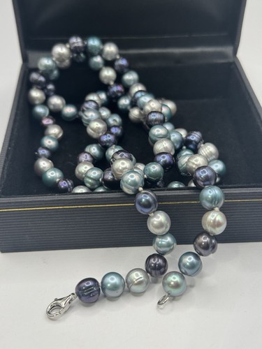 Long Purple, Teal & Gray Pearl Necklace 925 Lobster Clasp. 36 Inches. - Picture 3 of 9