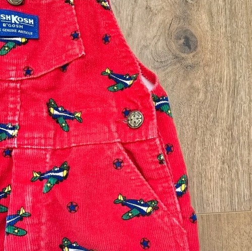 Vintage OshKosh B'gosh 90s Red Couderoy Airplane Print Kids Overalls, Size 4T - Picture 2 of 7