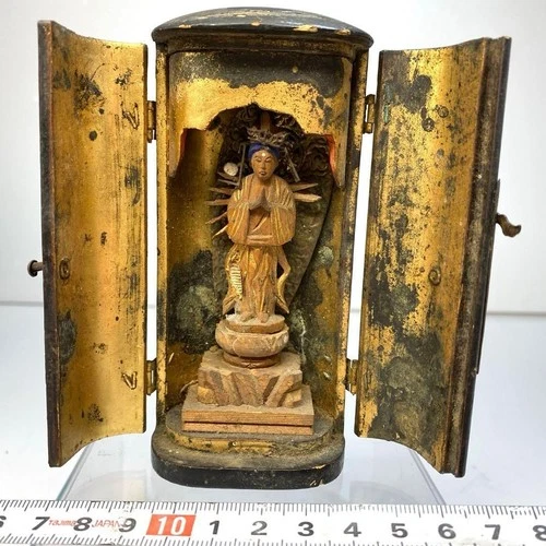 Wooden 4.5 in Statue Thousand Armed Bodhisattva Zushi Box Antique Japanese