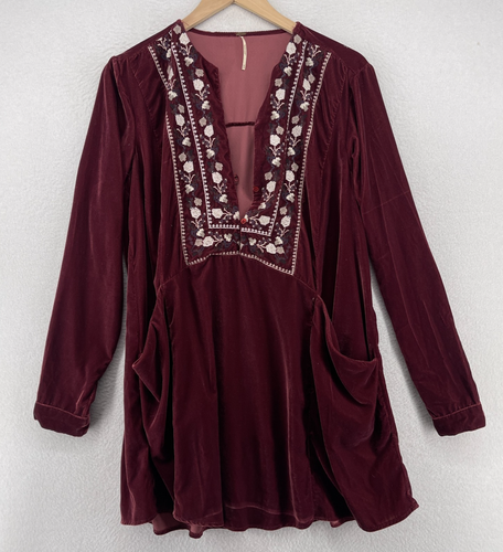 FREE PEOPLE Dress M Always Forever Velvet Mini Shift Boho Embroidered Maroon