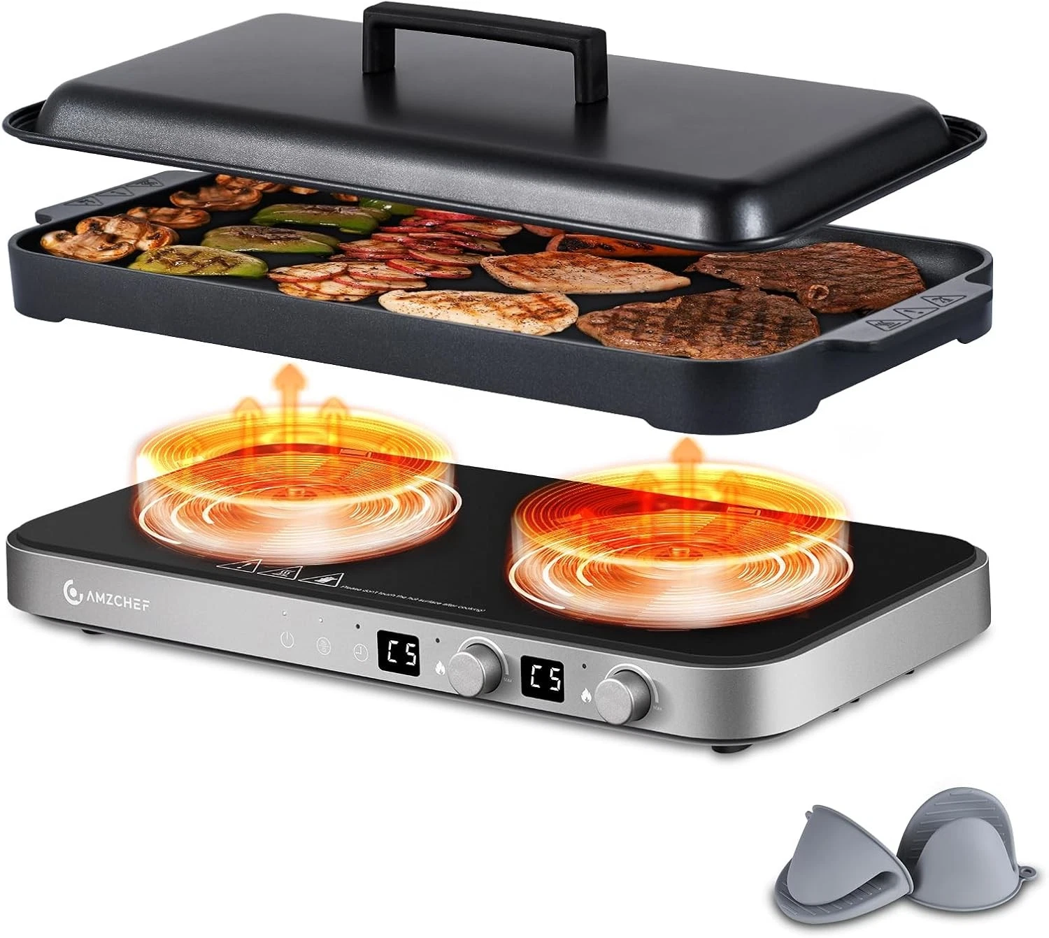 AMZCHEF Double Induction Cooktop with Removable Griddle Nonstick