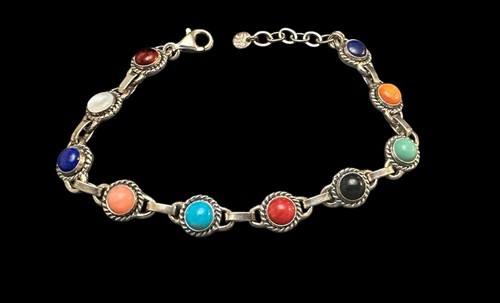 925 Silver Multi Gemstone Southwest Link Bracelet 8” Adjustable NWT QVC - Picture 6 of 11