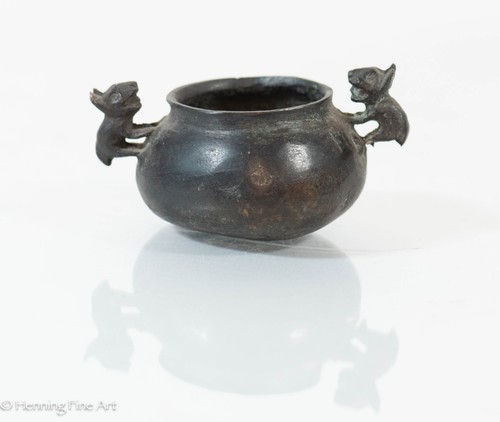 Beautiful Vintage Asian Bronze Bowl with Animal Handles 3.75" Wide - Picture 2 of 7