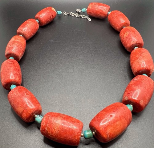 "Collar de cuentas gruesas turquesa coral plata esterlina 925 BARSE Southwest 23""" - Imagen 4 de 7