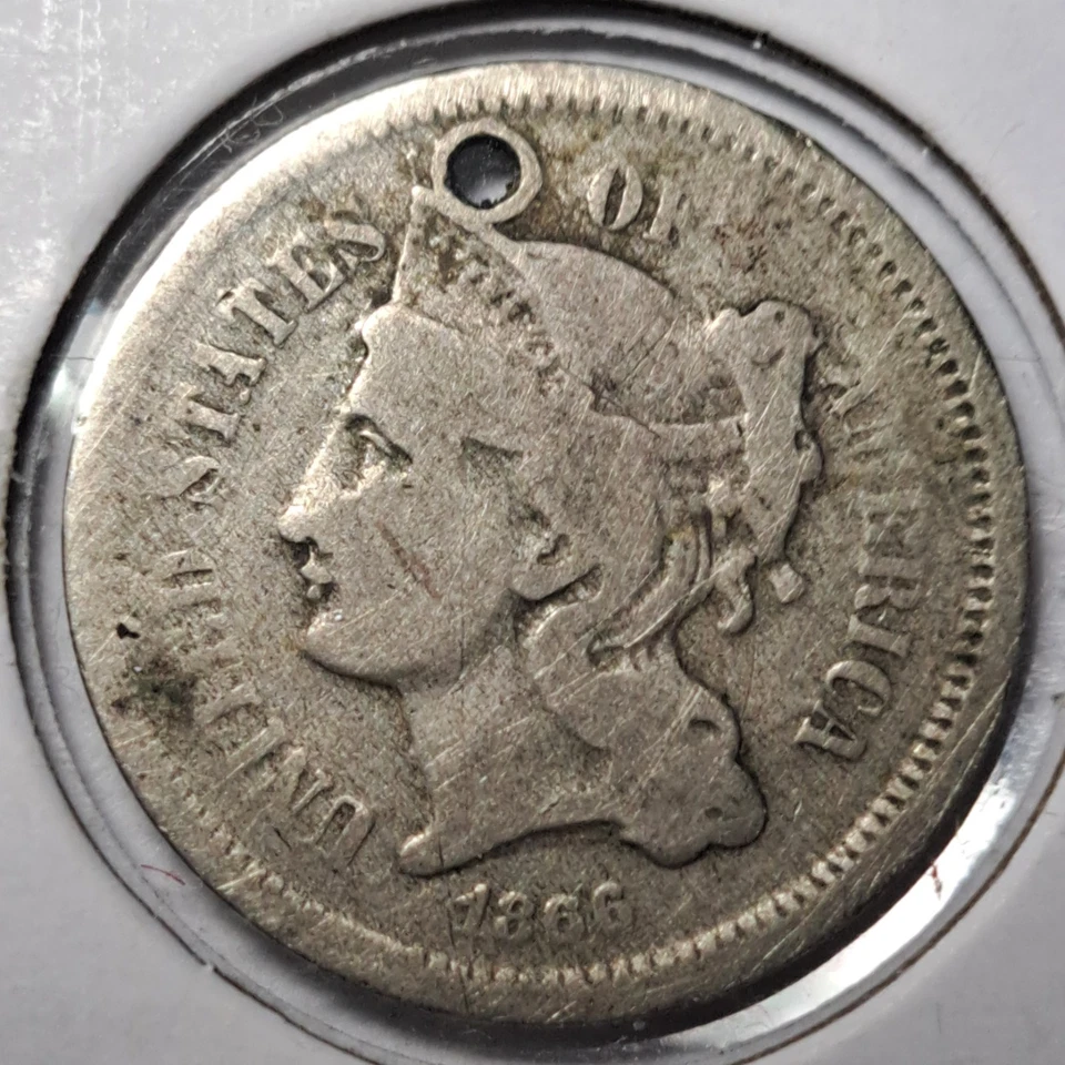 1866 3 CENT NICKEL **CIRCULATED - HOLED** FREE SHIPPING!! - Image 3 of 4