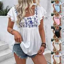 Ladies Summer Ruffles Short Sleeve Top Shirts Tee Loose Blouse Embroidery Floral