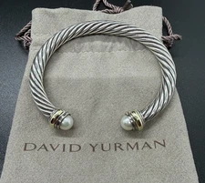 David Yurman 14K & 925 7mm Cable Pearl Bracelet 43.6 Grams Fits 6.5" - 7" Wrists