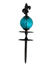 Vintage Fleur De Liz Cast Iron Design Blue  Glass Globe Decorative Home& Garden