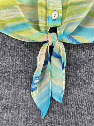 Chicos Watercolor Blue Green Tie Front Button Up Sheer Top Womens XL (3) Resort - Picture 8 of 12