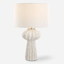 Organic Shape Off White Ribbed Table Lamp 28 in Modern Botanical Ceramic Ridged