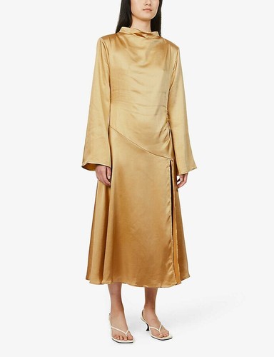 BONITO Y LUJOSO Vestido Celina Satinado Midi para Mujer, Amarillo-Ochra - Imagen 3 de 7