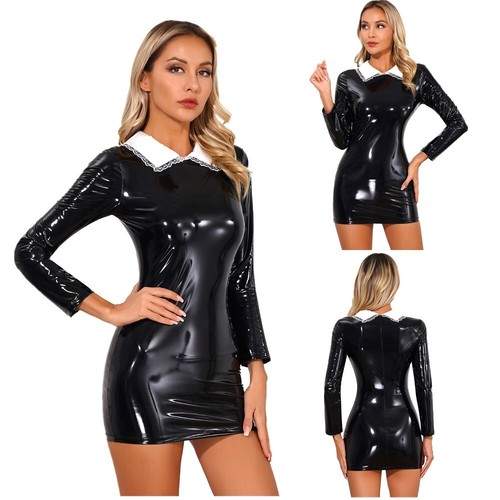 Women's Leather Dress Party Tube Dress Chemise Mini Dresses Sexy Costumes Shiny - Afbeelding 1 van 28