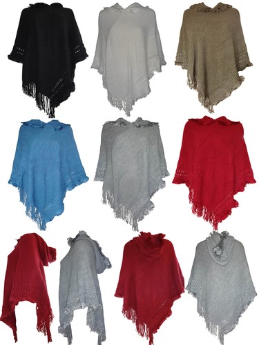 LADIES WOMEN HOODED PONCHO BLACK JUMPER CAPE SOFT KNITTED TOP PLUS SIZE 8 - 24 - Picture 2 of 9