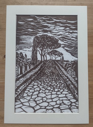 Hand Printed Linocut Art Print Roman Road Ruins Cyprus Appian Way Rome Italy - Picture 11 of 12