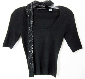 DANA-BUCKMAN-Petite-Sweater-Top-Black-Cashmere-Silk-Attached-SEQUINS-SCARF