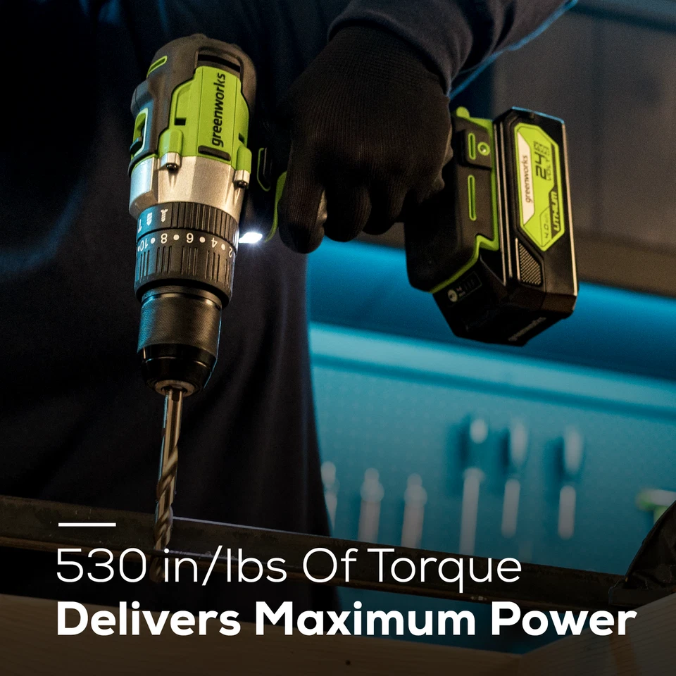 Taladro percutor Greenworks 24V 530 in-lbs portabrocas de 1/2" con batería de 2Ah y cargador de 2A Foto 4 de 4
