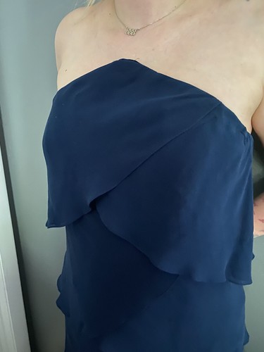Daymor Couture Designer Chiffon Navy Blue Strapless Ruffled Formal Dress Size 10 - Picture 2 of 10