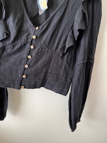 Primark Top Size 14 Black Long Sleeve Cotton Button Pleated Ruffle Casual - Picture 6 of 8