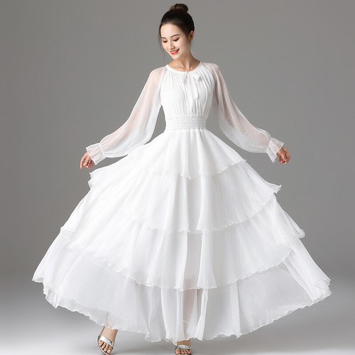 Lady Swing Dress Maxi Chiffon Tiered Layered Long Sleeve Princess Prom Gown Thin - Picture 18 of 29
