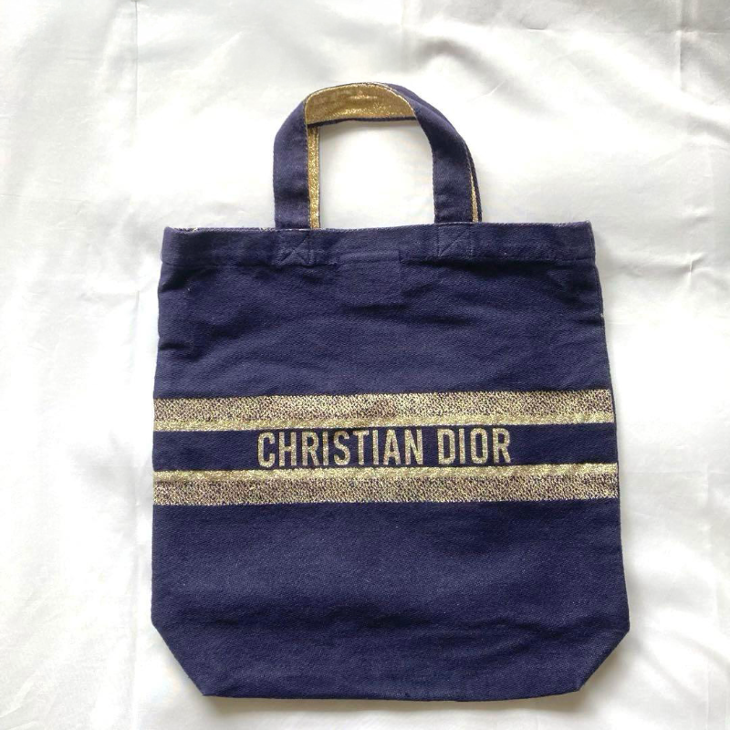 DIOR Navy Canvas Tote Bag with Gold Accents 2022 Japan Preowned Womens Handbag