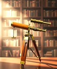 Vintage Brass Telescope on Wooden Tripod – Antique Style Nautical Spyglass Decor