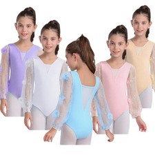 Kids Girls 3D Flowers Embroidery Mesh Long Puff Sleeve Leotard Ballet Dancewear