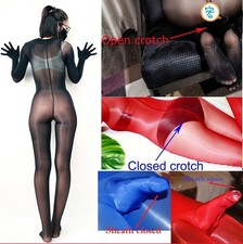 Women Men Oil Shiny Sheer Nylon Bodysuit Catsuit Glossy Bodystocking Gloves Gay
