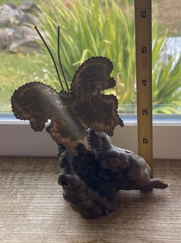 MCM Brutalist Brass Charles Marcak Butterfly on Burl Wood Base Vintage 6” - Picture 4 of 7