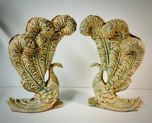 Vtg PAIR of ROYAL HAEGER VASES -Peacock Bird of Paradise - Gold/Green Ceramic