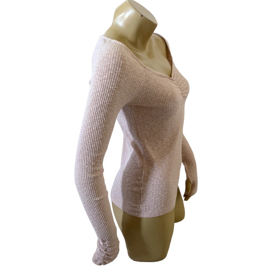 Camisa JESSICA SIMPSON Mujer Talla Pequeña Rosa Elástica Acanalada Manga Larga Agujero para el Pulgar Foto 2 de 4