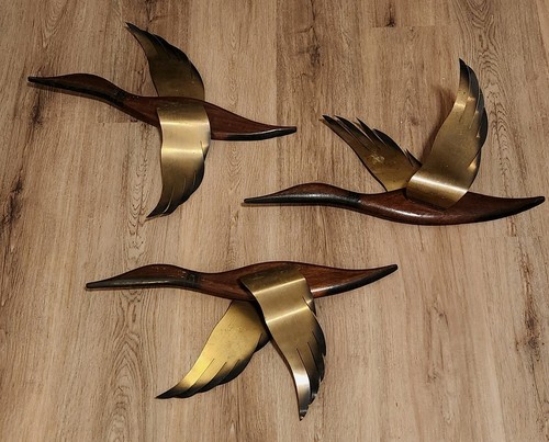 Lot de 3 oies volantes canards oiseaux 19" vintage milieu du siècle moderne laiton bois ~ K