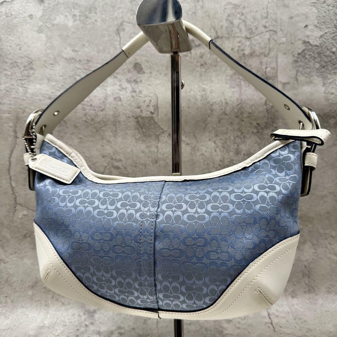 COACH 6351 Blue White Signature Canvas Leather Hobo Shoulder Bag
