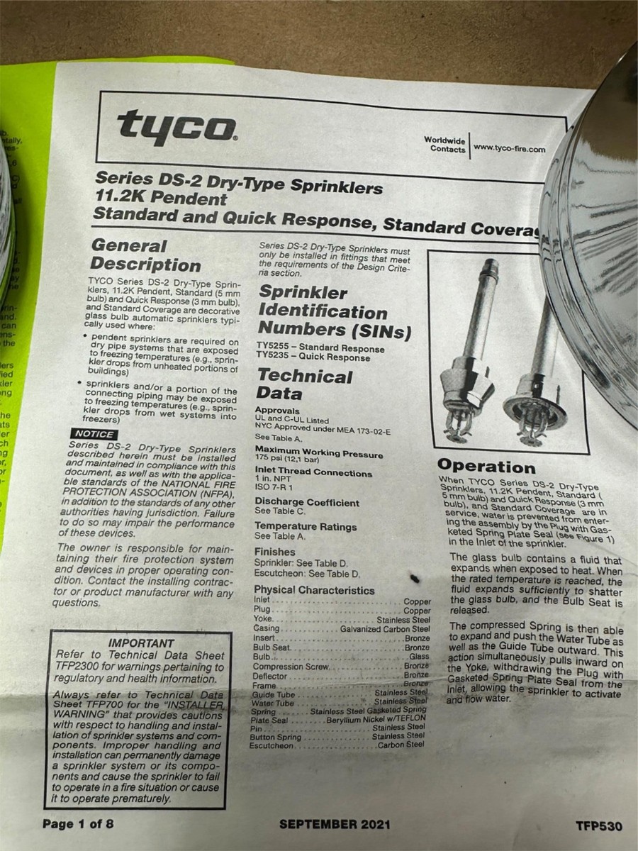 60x Tyco DS-2 Deep Escutcheon Dry Fire Sprinkler Pendent Cover