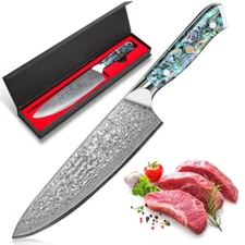 Damascus Chef Knife 8 In Carving Knife Abalone Shell Handle Meat Vegetable Knife