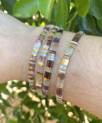 Miyuki Tila Mermaid gold silver bracelet boho Japanese glass tile stackable USA 