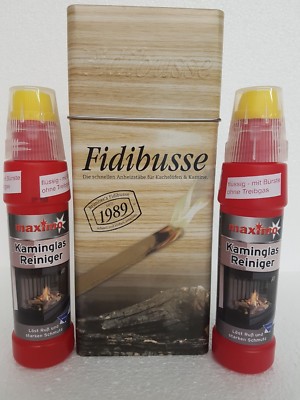 Fidibusse Brunner Geschenkdose 50 Stück + 2 x Kaminglas Reiniger Maximo im Set