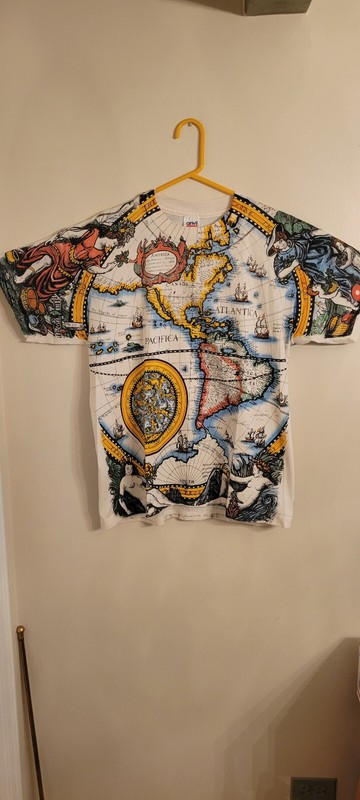 Vintage World Map All Over Print T-Shirt Adult Large White 90s Liquid Blue