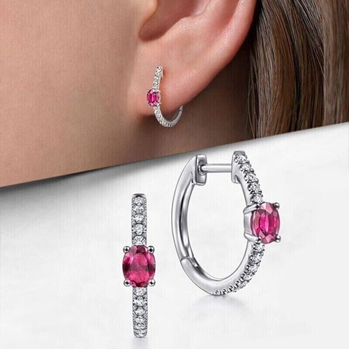 14k White Gold Plated 1.50Ct Created Diamond Red Ruby Huggie Hoop Women Earrings - Picture 2 of 4