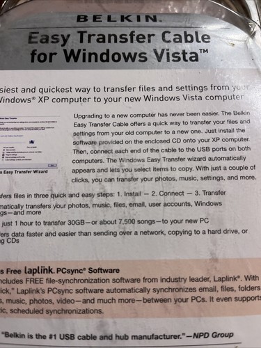 BELKIN Easy Transfer Cable for Windows Vista NEW IN BOX - Picture 3 of 5