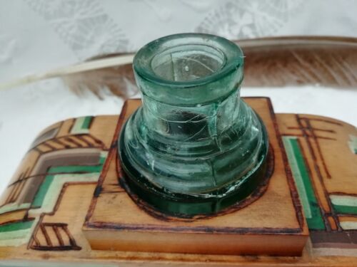 Antique Art Deco Desk Top Poker Work Wooden Ink Well Hand Painted Geometric - Picture 7 of 13