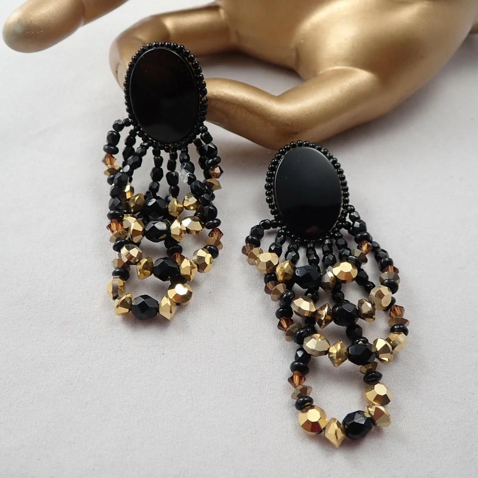 Pendientes Chipita Negro Ónix Dorado Metálico En Niveles Colgantes Cristal Pierced en Tarjeta Foto 2 de 4