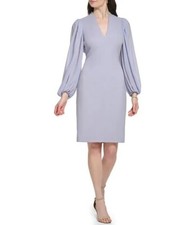 Vince Camuto $158 Grey V-Neck Long Chiffon Sleeve Crepe Sheath Dress Size 6