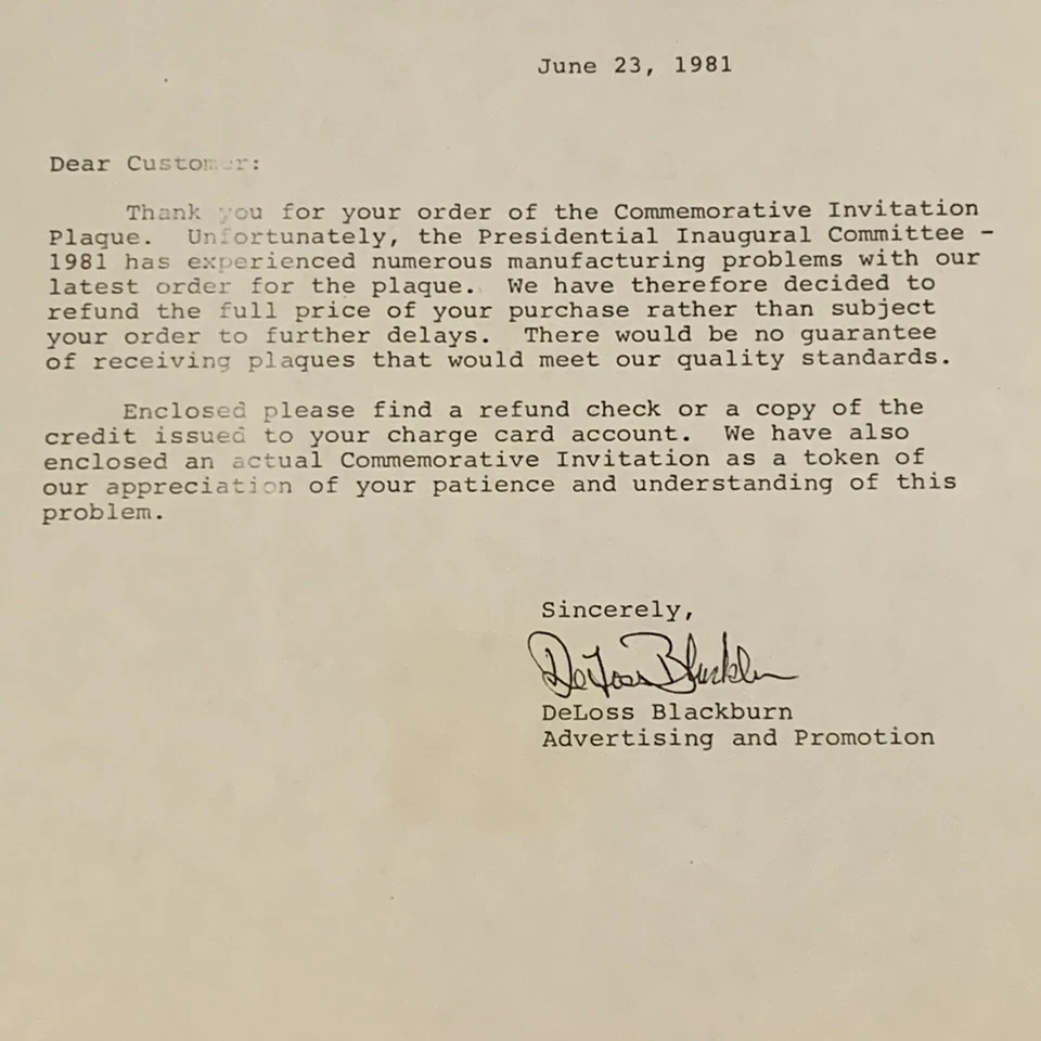 1981 COMMERATIVE INVITATION WITH MFG PROBLEMS LETTER AND ORIGINAL ENVELOPE - Image 3 of 4