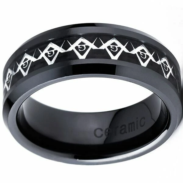 Anillo de boda con incrustación de fibra de carbono símbolo masónico de cerámica de 8 mm para hombre Foto 3 de 4