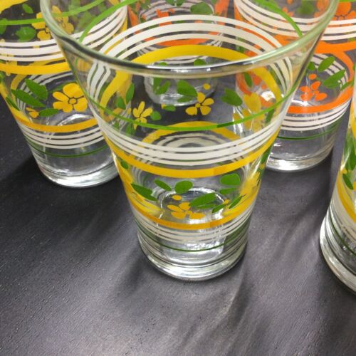 5 Vintage Libby Ring Striped Floral Drinking Glasses Flared Orange Green Yellow - Picture 6 of 11