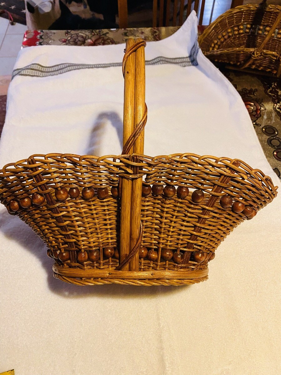 Basket Vtg Handmade Wicker/ Bamboo Beads - Bent wood Handle -Wood Bottom  EUC | eBay